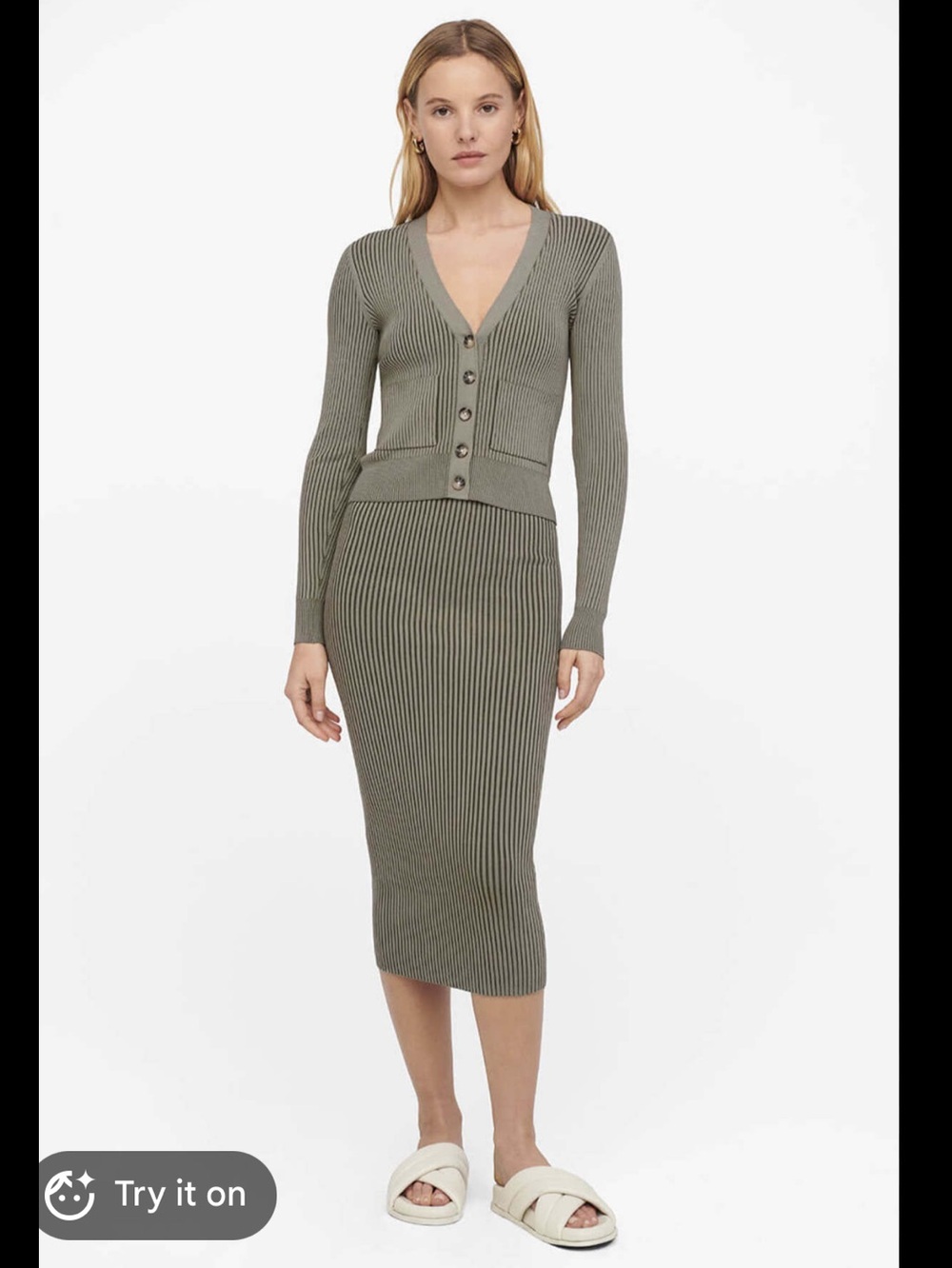 Anine Bing Olive Ribbed Midi Skirt cardigan set